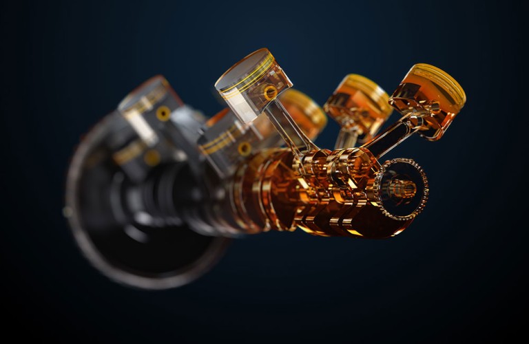 Oil animated Computer animated crancshaft and pistons with new engine oil